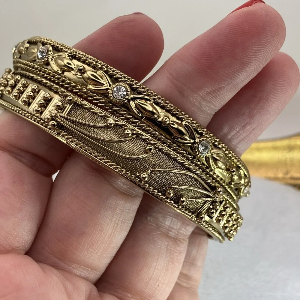 Children's Bangle Bracelets 2 Ornate Gold Tone Rhinestones Indian Design Stack